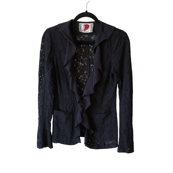 Free People Eyelet Lace Ruffle Front Black Blazer Size 6 - Picture 2 of 8